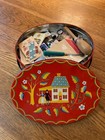 Mcm Sewing Basket Lot In Red Pa Dutch Handled Tin Buttons Fabric Spools Notions
