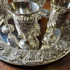8pc Silver Plated Judaica Kiddush Wine Decanter Set - Pitcher 6 Cups Tray Grape