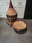 Rare Antique Morrocan Bread Basket Tbek Woven Mulitcolor Natural Fiber   Leather