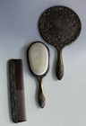 Vintage Hand Held Mirror  Brush   Comb Vanity Set Silver Tone Intricate Detail