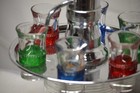 Mid Century Modern Liquor Dispenser W six Colored Shot Glass W  Rare Glass Spill