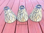 Vintage Set Of 3 Tiffany Style Stained Glass Lamp Shades Cream Amber Geometric