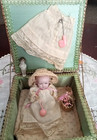 Antique Vintage All Bisque German  Doll In Basket W extras Miniature Dollhouse