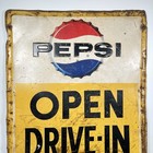 Vtg Og Pepsi Drive - In Porcelain Embossed Metal Sign 27 5   x39 5    1960   s Usa