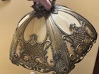 Old Antique Art Nouveau Slag Glass 6 Panel Lamp Shade   Metal Filigree Overlay