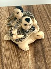 Vintage Japanese Style Netsuke Two Boys Riding Turtle Carved Figurine Signed