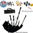 Highland Scottish Bagpipe Silver Mounts Black Velvet Cover With Bag   Tutor Book