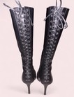Dollhouse Women   s Black Leather Knee High Lace-up Pointed Stiletto Boots 10m