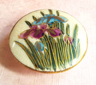 Vtg Satsuma Button   Hand Painted Purple   Blue Iris Flowers W  Gold Trim   1 