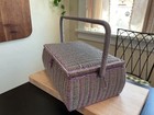 Vintage Purple   Green Wicker Sewing Basket Many Accessories As Found