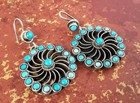 Sterling Silver   Turquoise Southwest Petit Point Round Dangle Hook Earrings