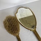 Vintage Brass Vanity Set Hand Mirror Brush Powder Jar Floral Enamel Art Deco