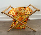 Vtg Knitting Sewing Caddy Basket Yarn Bag Folding Wood Frame Mcm Farmhouse