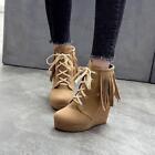 Women Casual Tassel Platform Lace Up Wedge High Heel Pumps Round Toe Ankle Boots