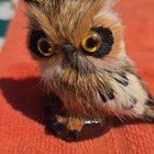 Mini Faux Fur   Plastic Owl Figurine Collectible With Yellow Eyes On Base