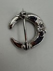 Crescent Moon Brooch Pin Silver Tone Marcasite Style Stones Rollover Clasp Lapel