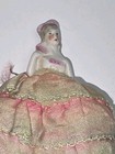 Antique Miniature Lady Holding Fan Porcelain Half Doll Flat Pin Cushion Fancy