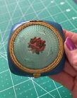 Vintage Unique Art Deco Blue Bakelite Powder Compact green Guilloche Enamel Rose