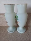 Antique Pair  2  Blue Bristol Glass Vases Hand Blown   Painted 6 3 4 