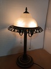 Vtg Art Deco Table Lamp Bronze Finish Floral Design Frosted Glass 2 Light
