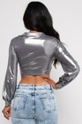 Silver Metallic Crop Top Size Large Jeweled Cuffs Long Sleeve
