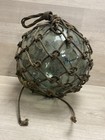 Antique Japanese Green Glass Fishing Float Buoy Hand Blown W  Netting 11    