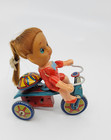 Vintage Tin Wind Up Girl Tricycle Toy Made In Japan Litho Mechanical 1950s 60s