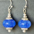 Silver And Shimmery Blue Lamp Work Glass Bead Dangle Ornament Earrings 