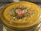 Vintage 1930   s Hinged Metal Tin metal Oval Box-mustard Yellow florals-holland-