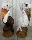 Set Of 2 Pelican On Piling Hand Carved Wood Tropical Sculpture Bird Decor