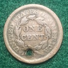1853 Liberty Head Braided Hair Copper Large One Cent 1c Us Mint Holed Coin  523