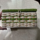 Vintage Singer Japan Woven Wicker Sewing Basket Box Green Floral Fabric Lid