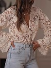 Women   s Lace Button Up Long Sleeve Blouse Sheer Drawstring Casual Shirt Top