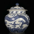 10 6  Old Chinese Xuande Blue White Porcelain Dynasty Palace Dragon Lid Jar Pot