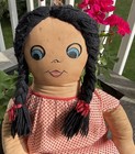 Vintage 1930s 40s Large Rag Doll W Yarn Hair Primitive Dress 24   