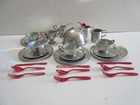 Vintage Aluminum Children s Dishes Tea Set With Some Red Utensils   Kettle