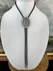 Vintage Silver Pewter Usa 1989 Signed Diamond Cut Concho Western Bolo Tie