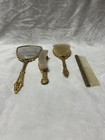 Vintage Vanity Gold Tone Hand Mirror Comb Brush Four Piece Set