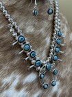 Navajo Handmade Sterling Silver Turquoise Shadowbox Squash Blossom Necklace 17   