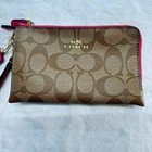 Coach Double Corner Zip Wristlet Khaki Signature Canvas Pink Zipper Accents Nwts