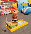    vintage Fishing Boy Tin Litho Wind-up Toy Yone Japan 2104 Works Mint In Box  
