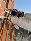 Nautical Brass Antique Binocular With Wooden Tripod Stand     Maritime Home Decor