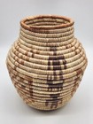 Vintage Hand Woven Round Coil Basket Vase Tribal Design 7 5  Tall X 6 5  Wide