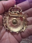 Vintage Gold Crown Laurel Wreath Brooch W Lg Faceted Glass Centerpiece  military