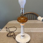 Vintage 1960s Hobnail Milk Glass Table Lamp With Amber Globe Detail Works
