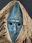 African Carved Wood Mask 12  Raffia Accent Tribal Blue Wall Art Decor