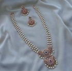 Gold Plated Pearl Cz Necklace South Indian Long Jewelry With Earrings Party Wear
