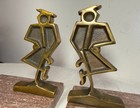 Vintage Heavy Pair Modernist Mid Century Modern Bronze Marble Figural Bookends
