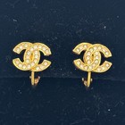 Chanel 2092 Cc Logo Coco Mark Earrings Gold Rhinestone Clip-on Authentic Japan