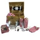 Vintage Rattan Wicker Picnic Basket Lid  Handle   Dishes  Glasses  Utensils Plus